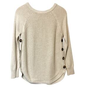RD Style Knit Cotton Blend Cream Buttons Crew Neck Pullover Sweater Medium